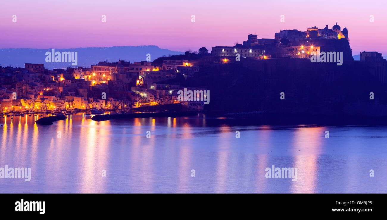Italy, Campania, Naples, Panorama of Procida Island at sunrise Stock Photo