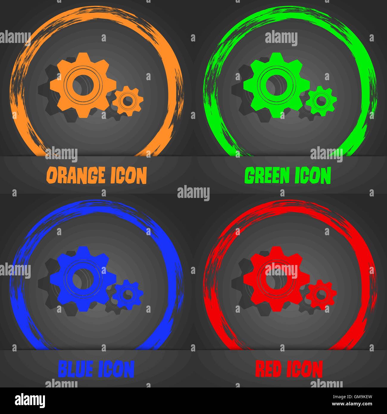 Cog settings sign icon. Cogwheel gear mechanism symbol. Fashionable modern style. In the orange, green, blue, red design. Vector Stock Vector