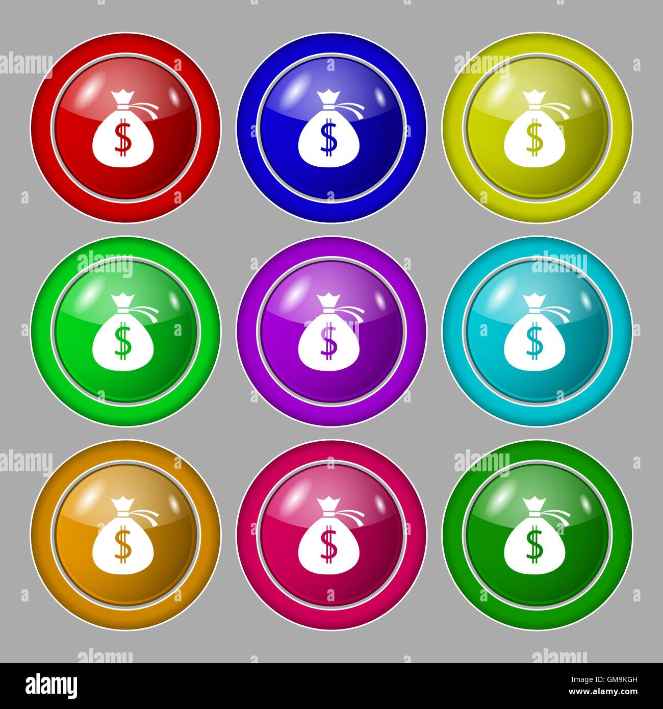 Money bag icon sign. Symbol on nine round colourful buttons. Vector Stock Vector