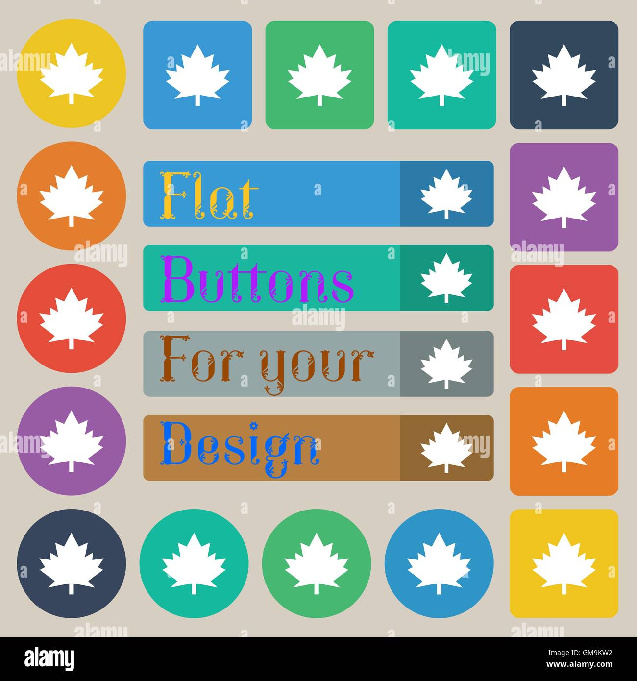 Maple leaf icon. Set of twenty colored flat, round, square and rectangular buttons. Vector Stock Vector