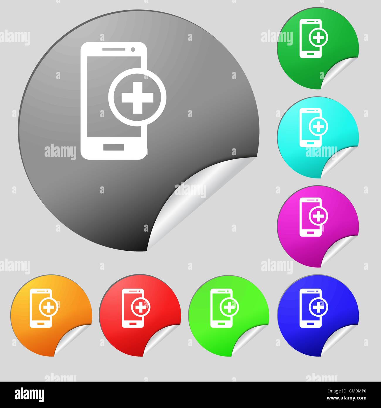 Mobile devices sign icon. with symbol plus. Set of eight multi colored ...