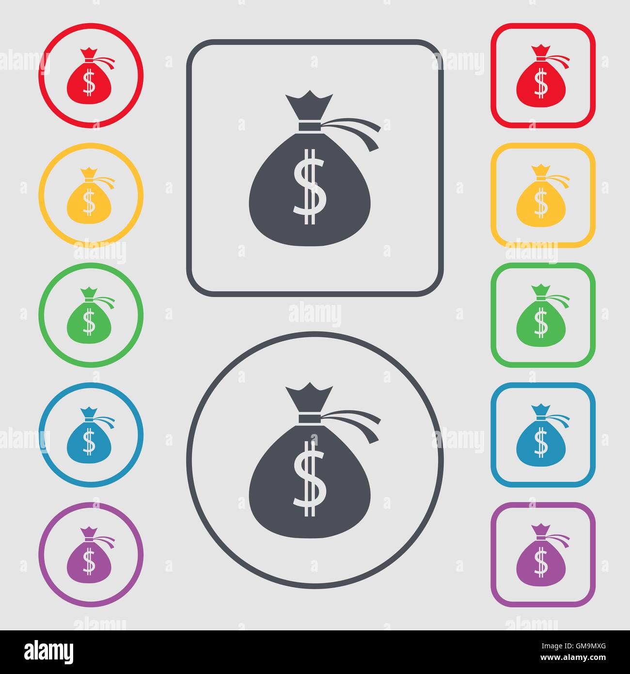 Money bag icon sign. Symbols on the Round and square buttons with frame ...