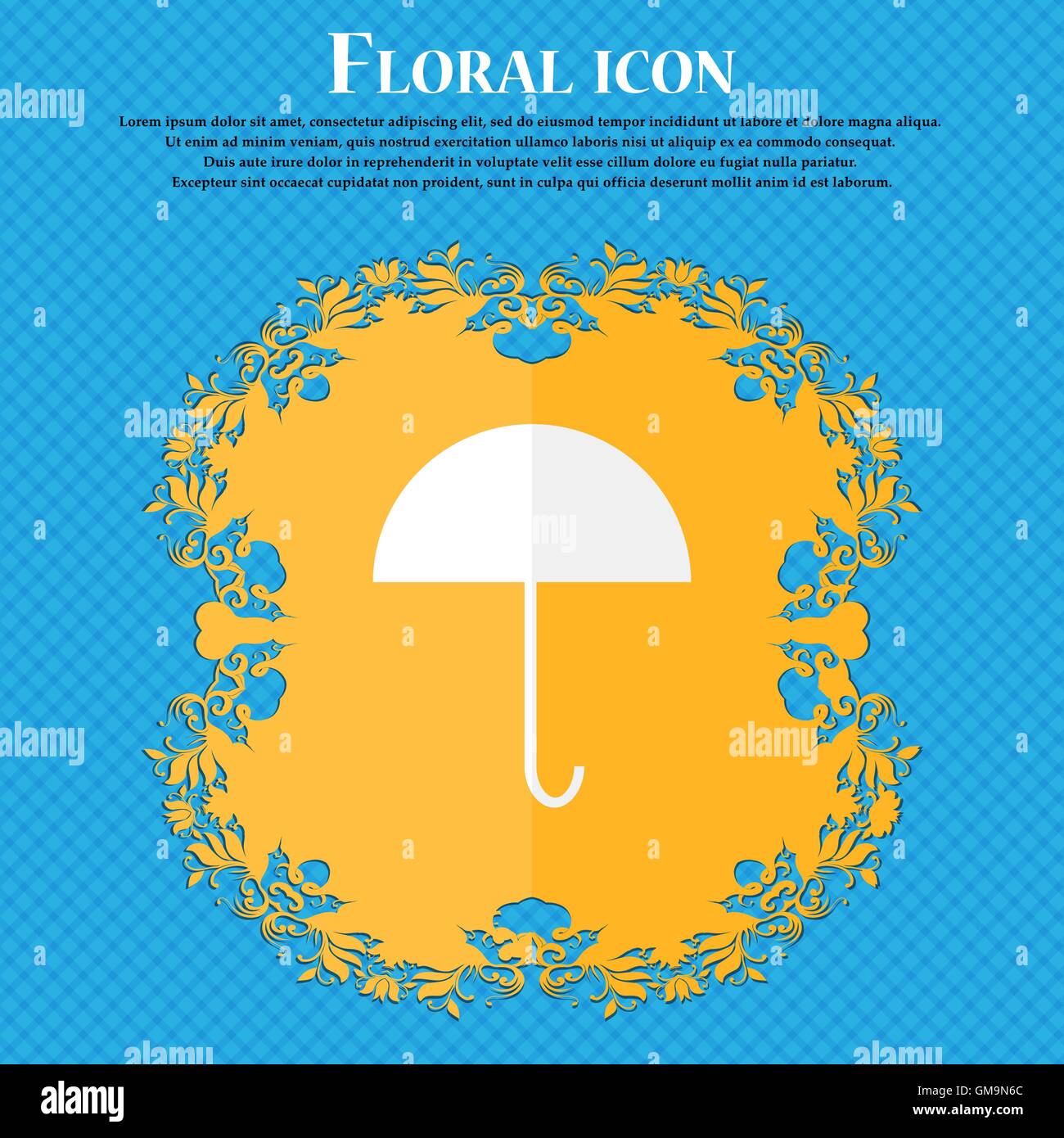 Umbrella sign icon. Rain protection symbol. Floral flat design on a blue abstract background with place for your text. Vector Stock Vector