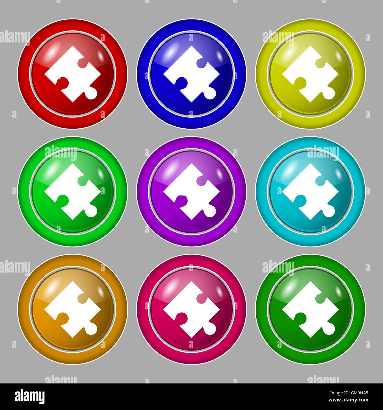 Puzzle piece icon sign. Symbol on nine round colourful buttons. Vector ...