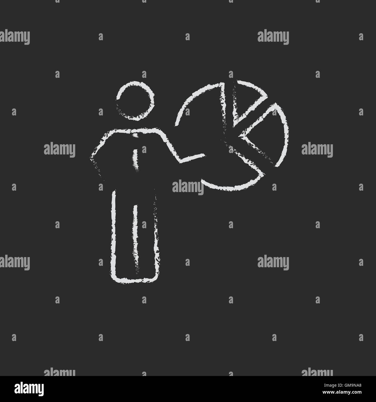 Businessman pointing at the pie chart icon drawn in chalk. Stock Vector