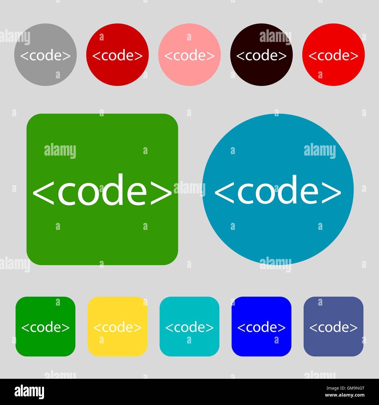 Code sign icon. Programming language symbol. 12 colored buttons. Flat ...