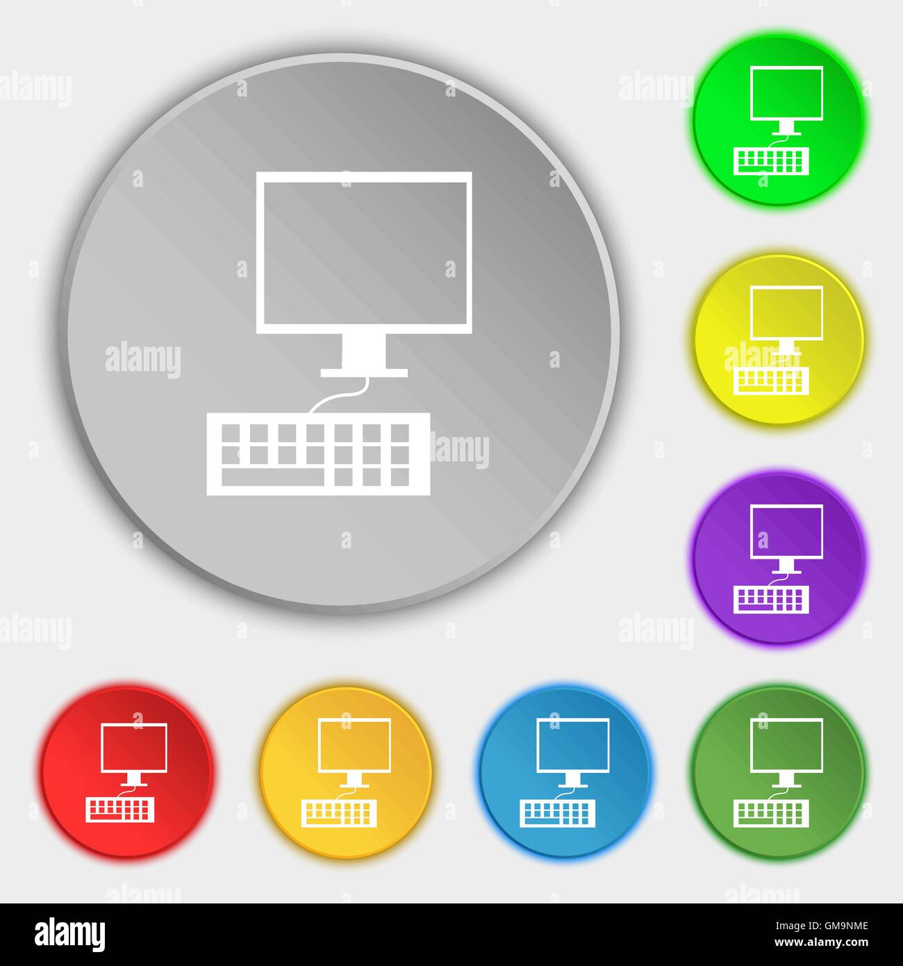 Computer monitor and keyboard Icon. Symbols on eight flat buttons