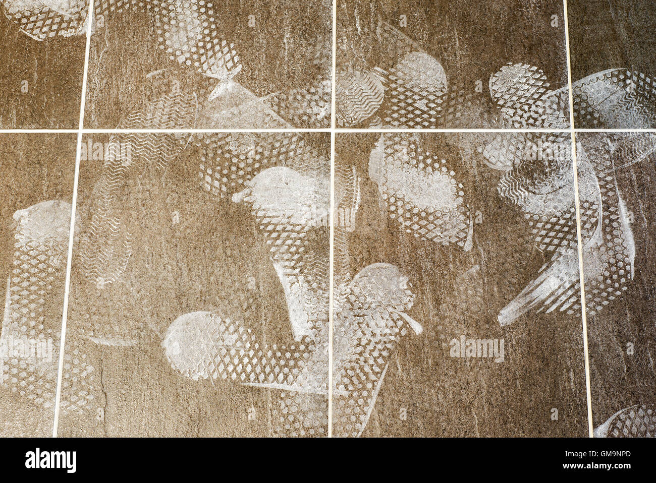 Foot prints on the tiled floor Stock Photo