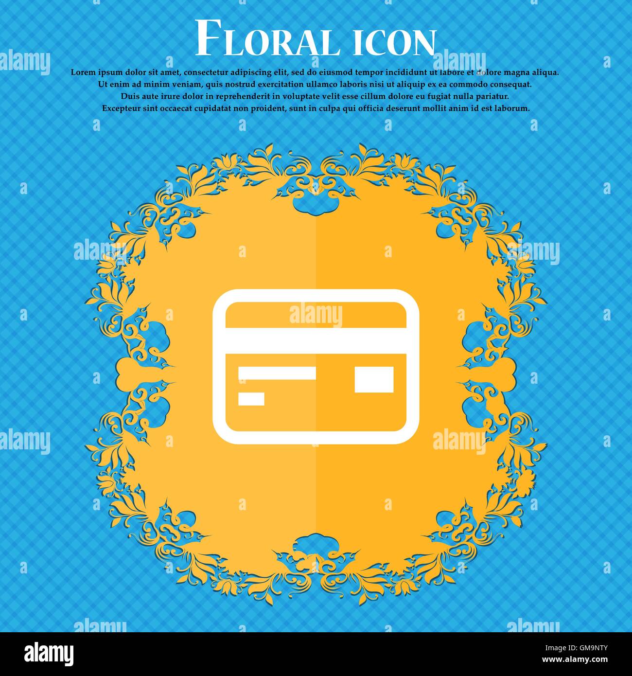 Credit, debit card . Floral flat design on a blue abstract background with place for your text. Vector Stock Vector