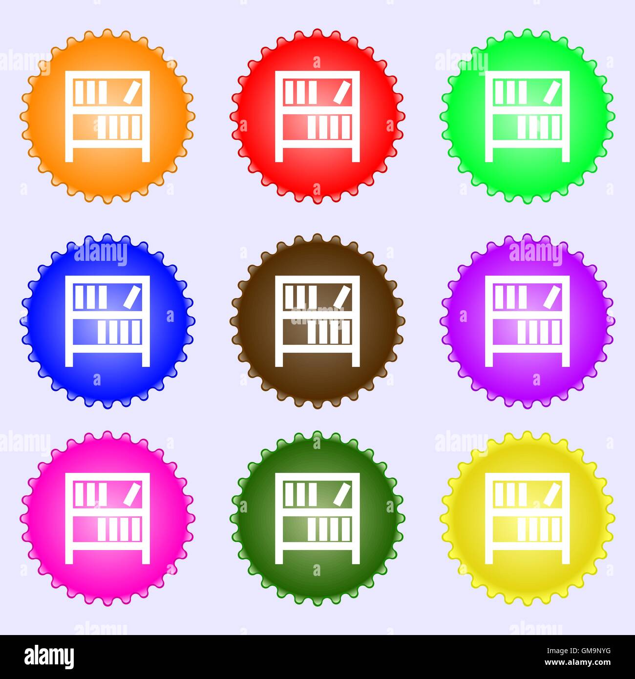 Bookshelf icon sign. A set of nine different colored labels. Vector ...