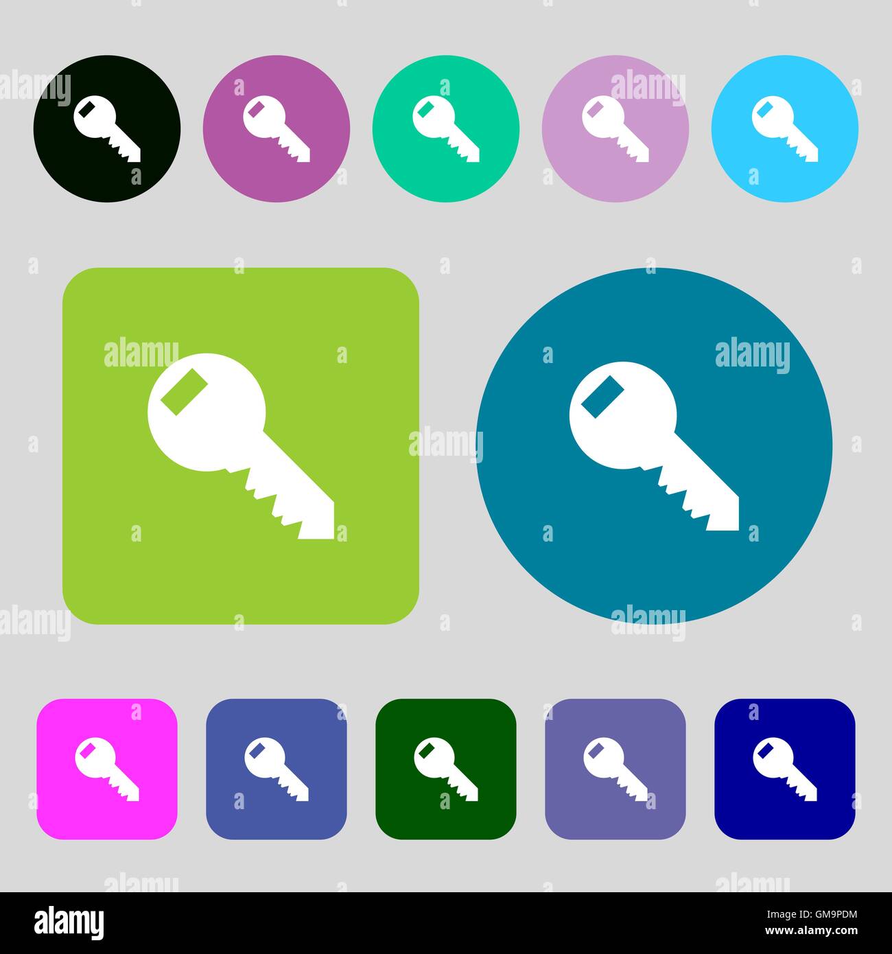 Key sign icon. Unlock tool symbol.. 12 colored buttons. Flat design ...