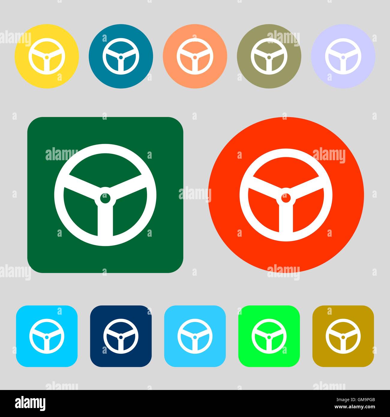 Steering wheel icon sign. 12 colored buttons. Flat design. Vector Stock