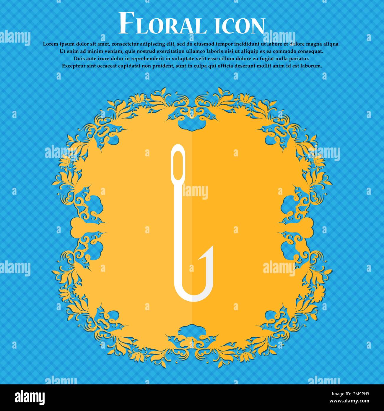 Fishing hook icon sign. Floral flat design on a blue abstract ...