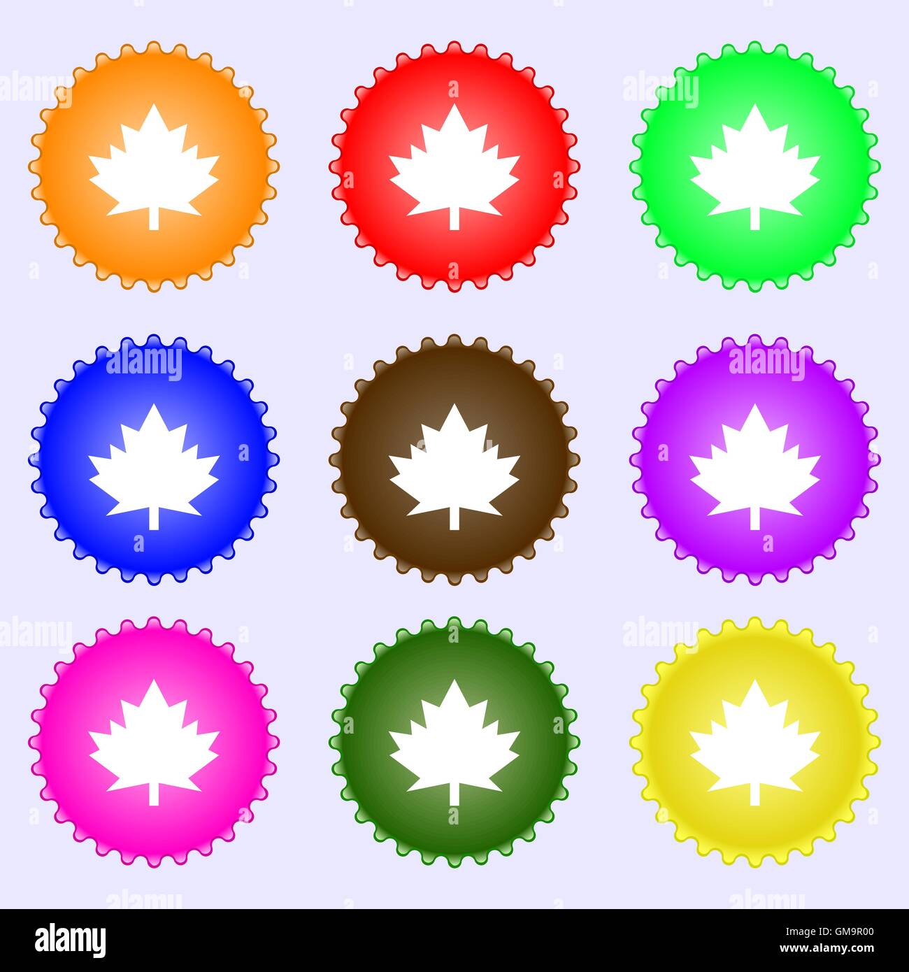 Maple leaf icon. A set of nine different colored labels. Vector Stock Vector