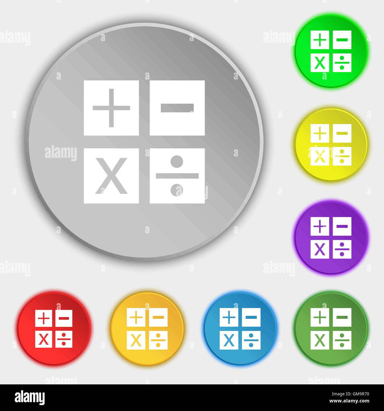 Multiplication, division, plus, minus icon Math symbol Mathematics. Symbols on eight flat buttons. Vector Stock Vector