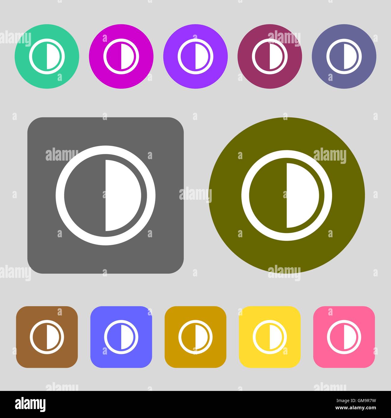 contrast icon sign. 12 colored buttons. Flat design. Vector Stock