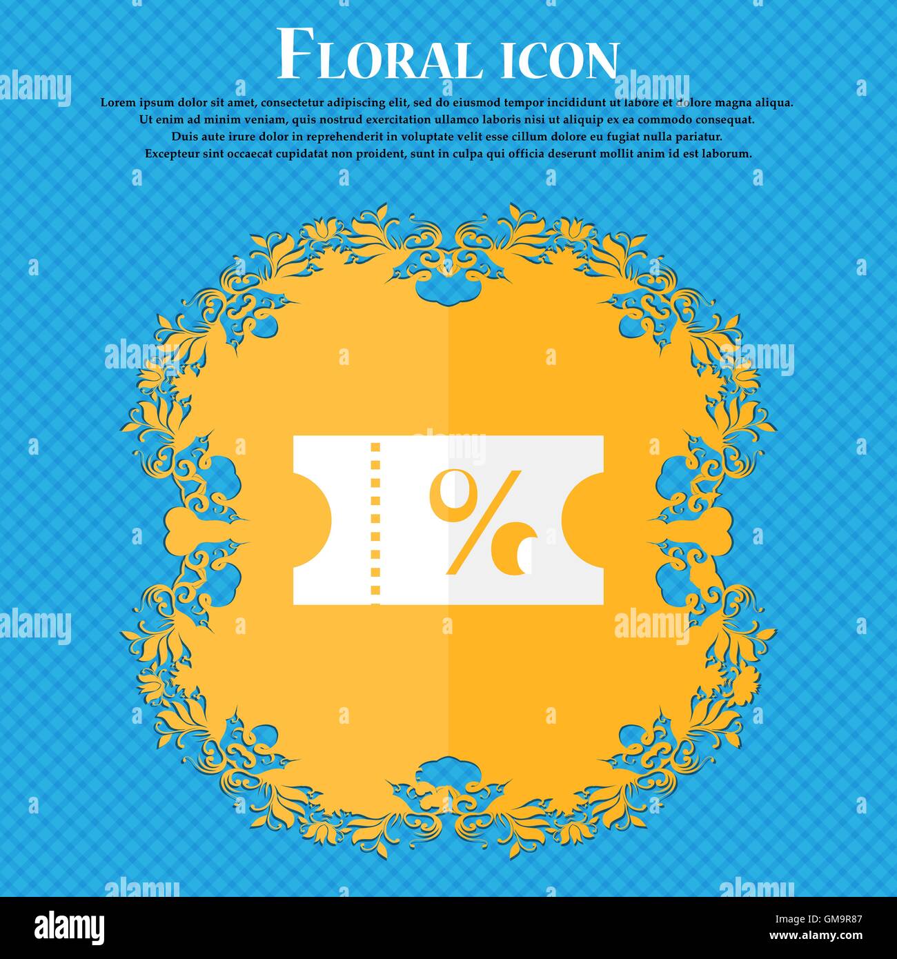 ticket discount icon sign. Floral flat design on a blue abstract background with place for your text. Vector Stock Vector