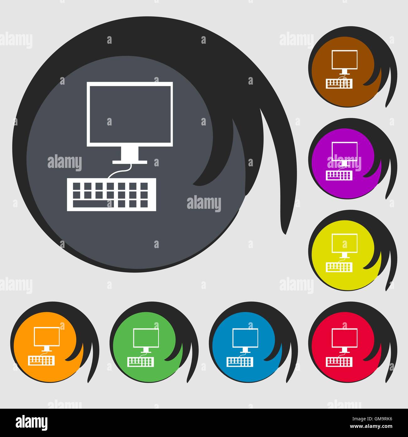 Computer monitor and keyboard Icon. Symbols on eight colored buttons