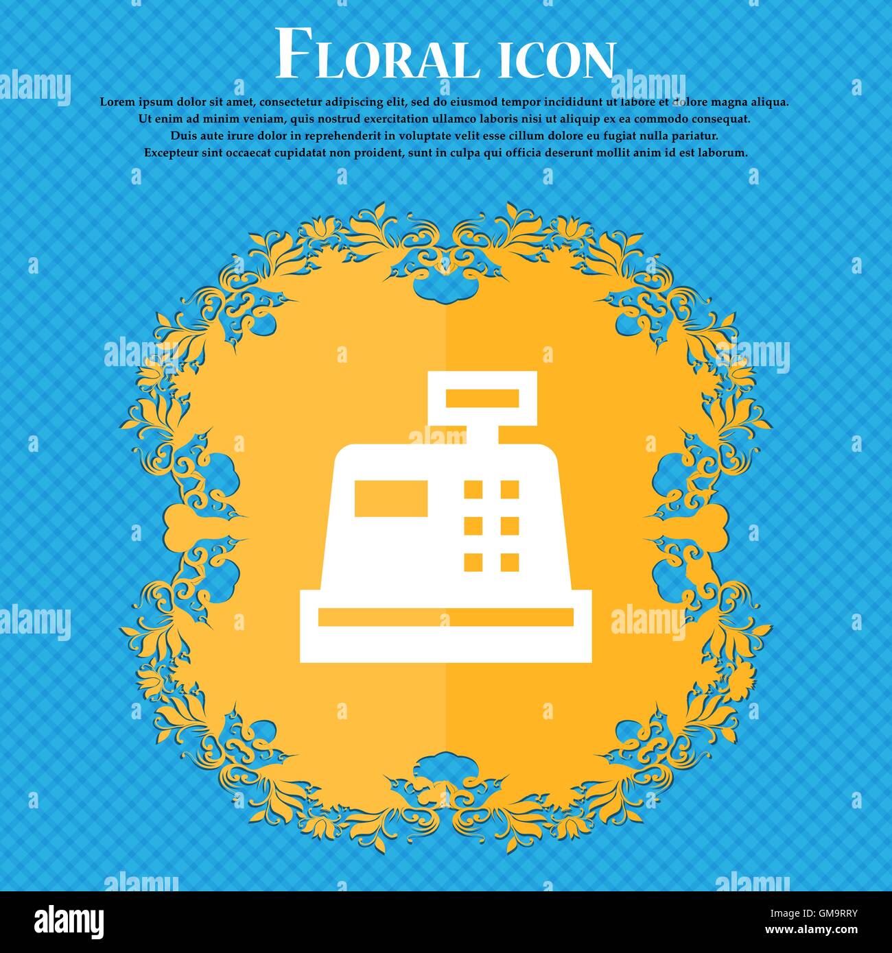 Cash register . Floral flat design on a blue abstract background with place for your text. Vector Stock Vector