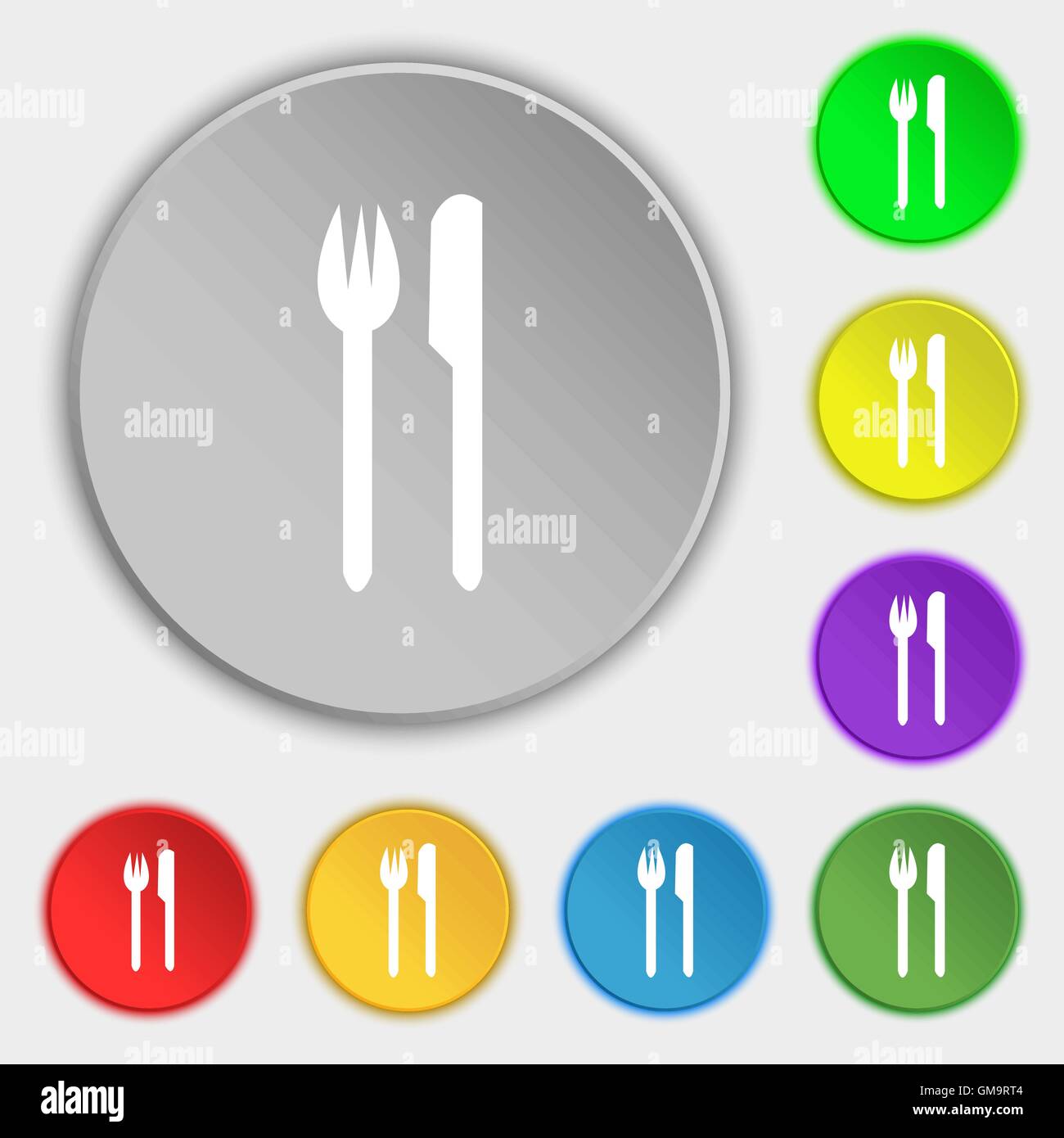 Eat sign icon. Cutlery symbol. Fork and knife. Symbols on eight flat buttons. Vector Stock Vector