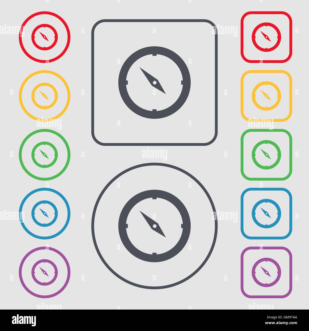 Compass sign icon. Windrose navigation symbol. Symbols on the Round and square buttons with frame. Vector Stock Vector