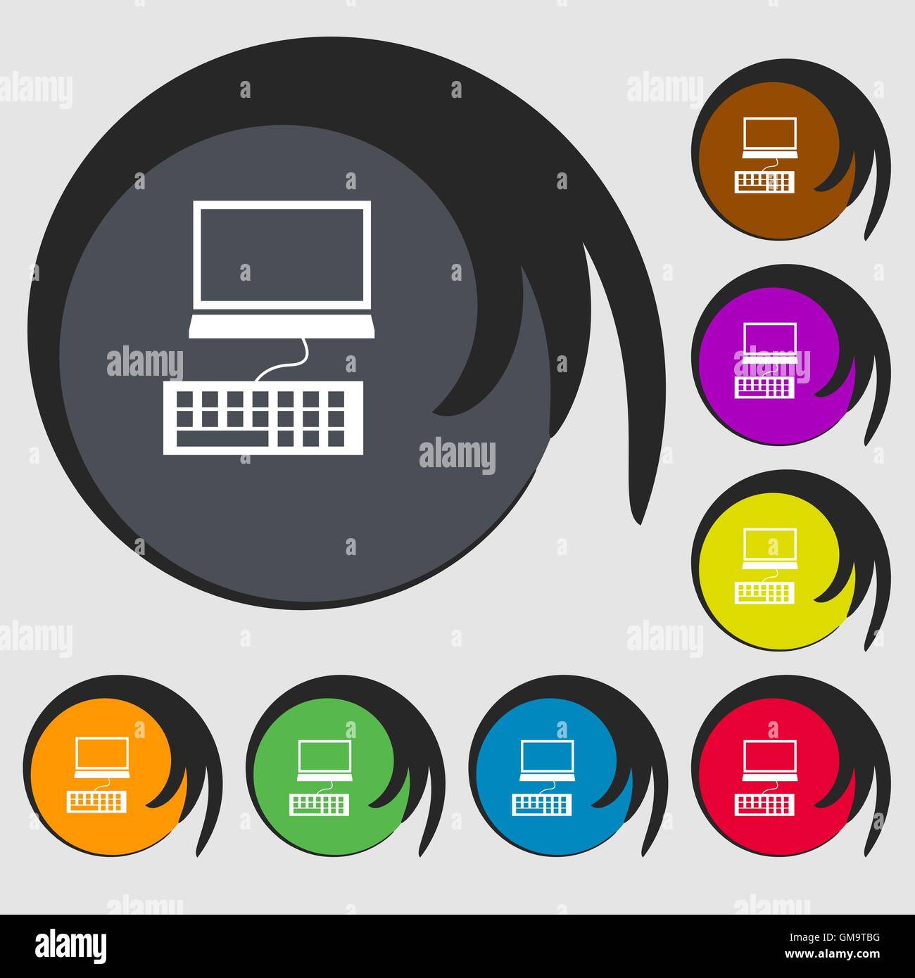 Computer monitor and keyboard Icon. Symbols on eight colored buttons ...