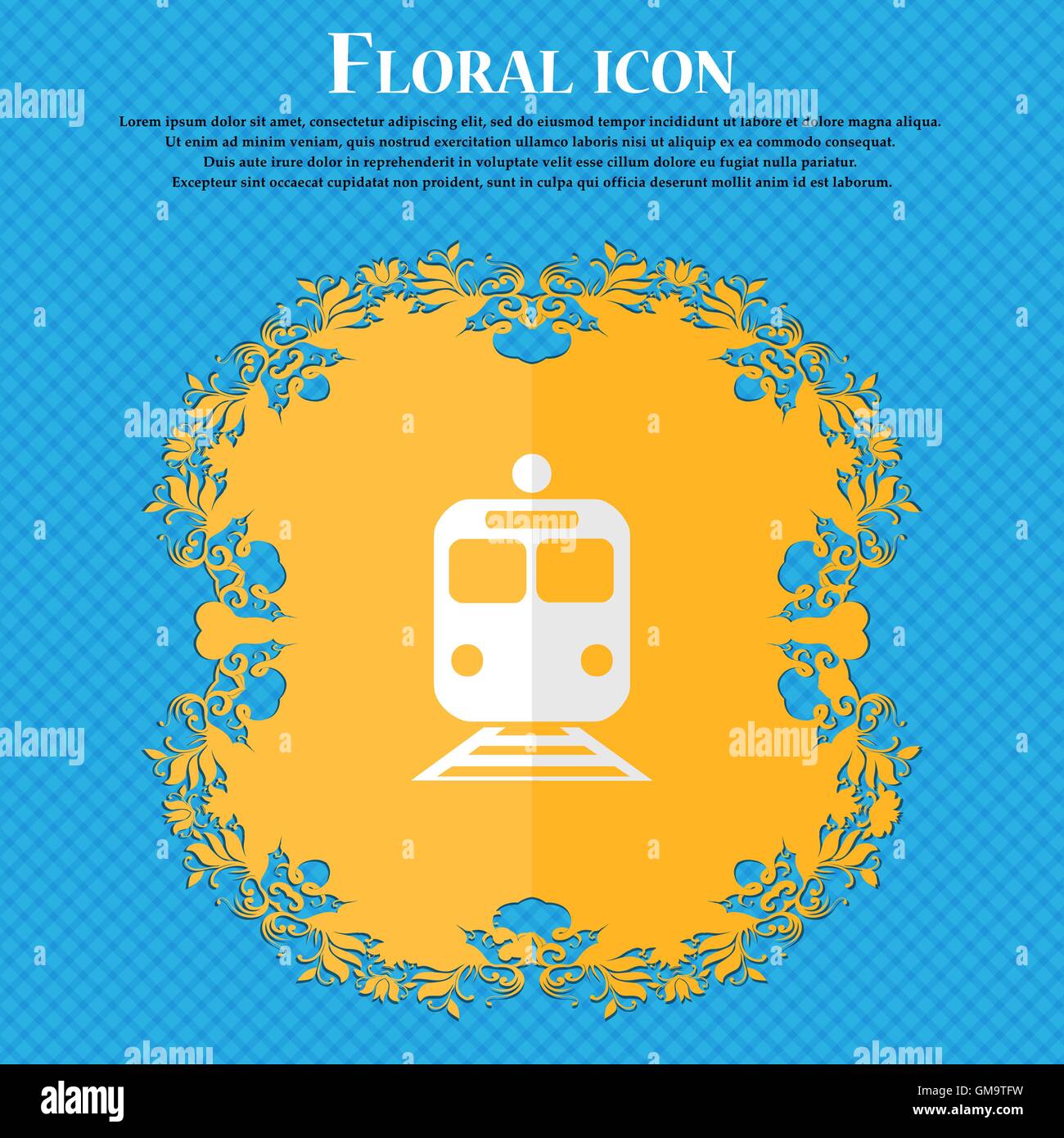 train. Floral flat design on a blue abstract background with place for ...