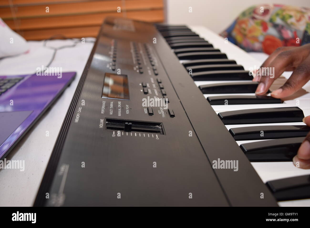 Practicing Piano using Laptop Stock Photo Alamy