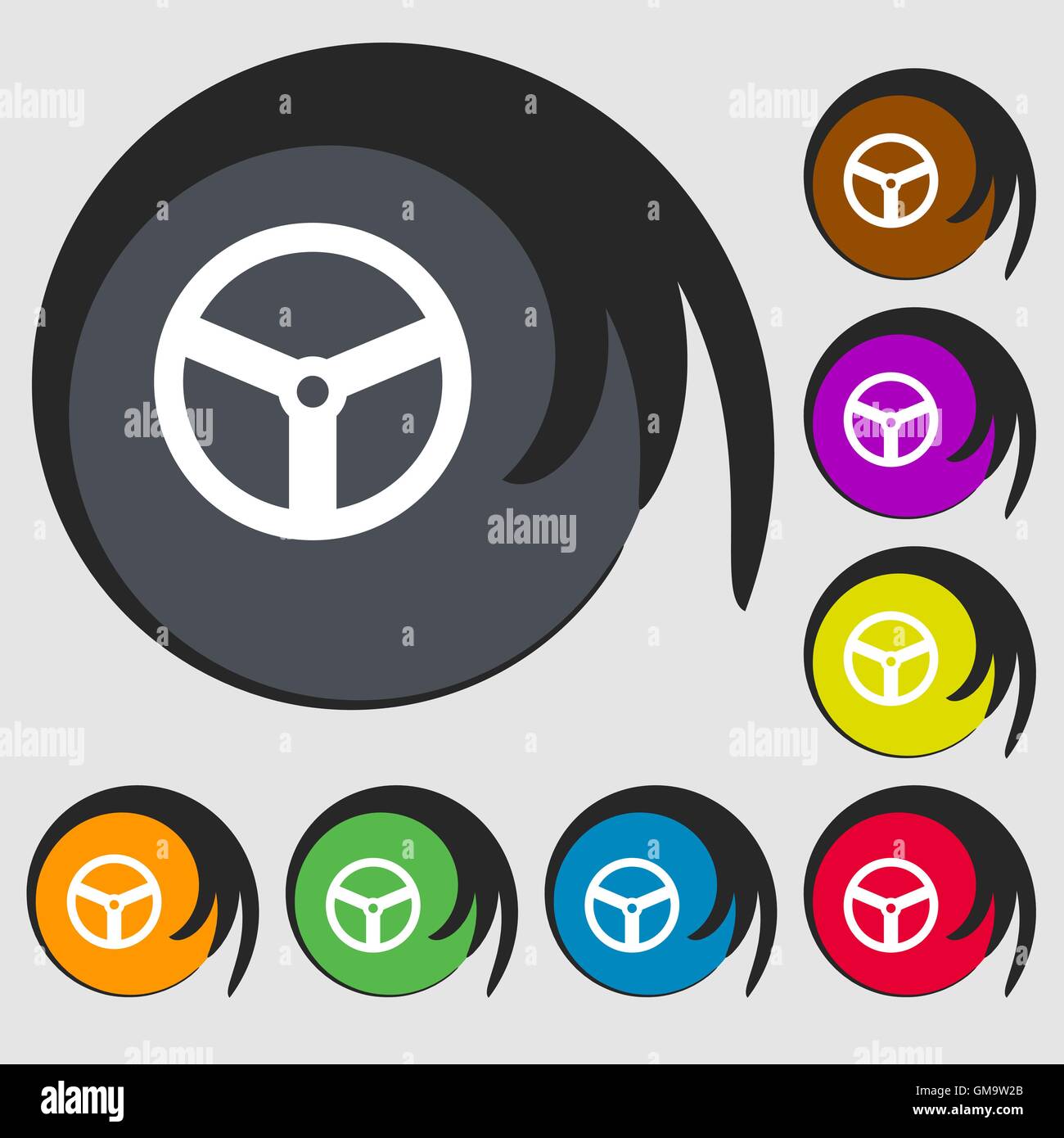 Steering wheel icon sign. Symbols on eight colored buttons. Vector