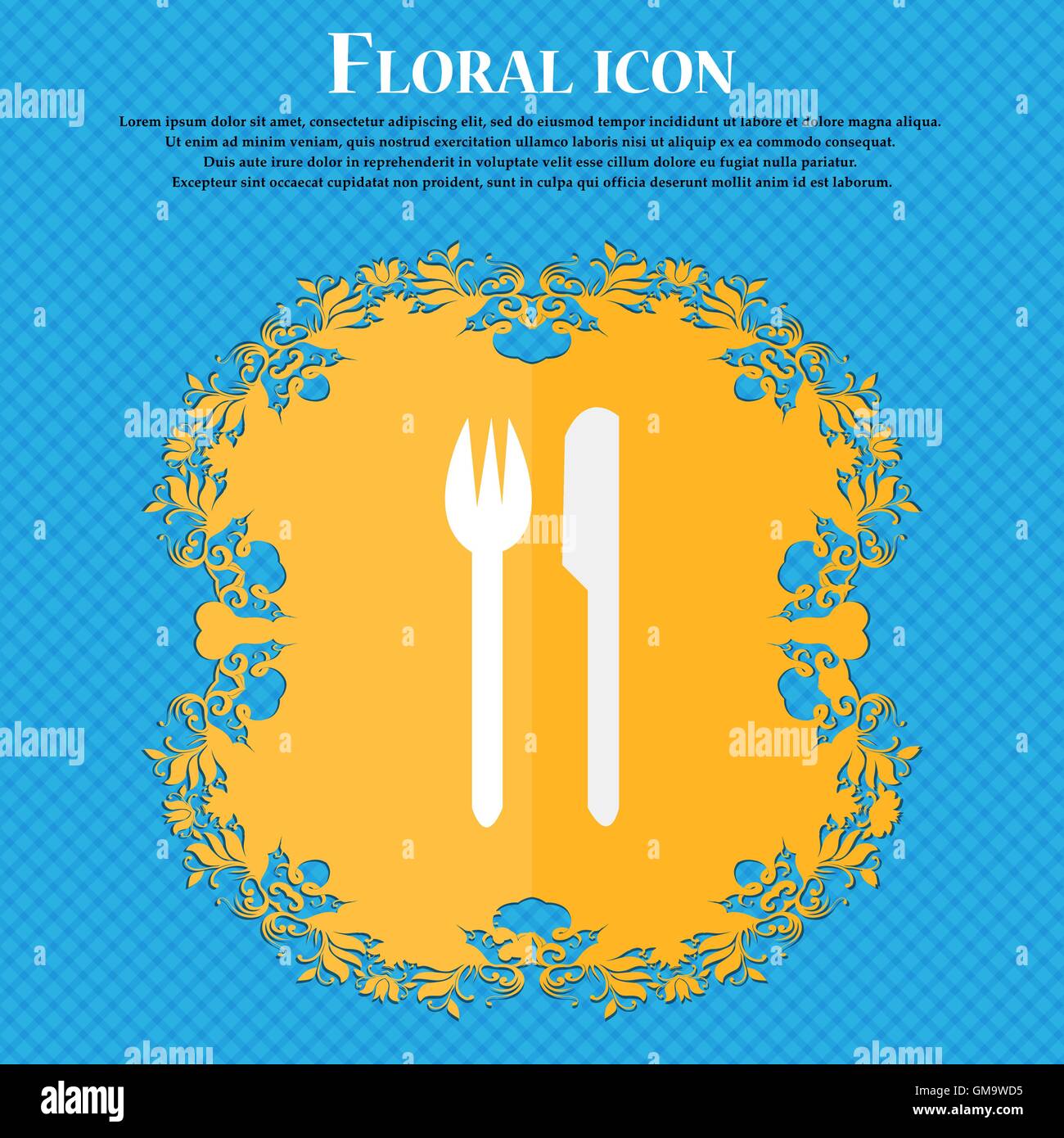 Eat sign icon. Cutlery symbol. Fork and knife. Floral flat design on a blue abstract background with place for your text. Vector Stock Vector