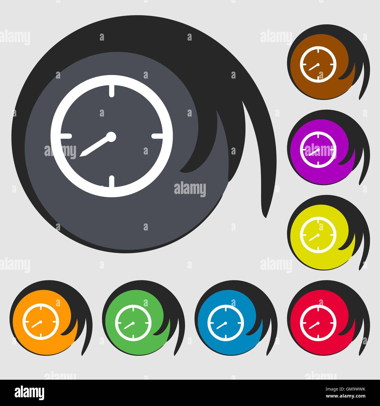 Timer sign icon. Stopwatch symbol. Symbols on eight colored buttons. Vector Stock Vector