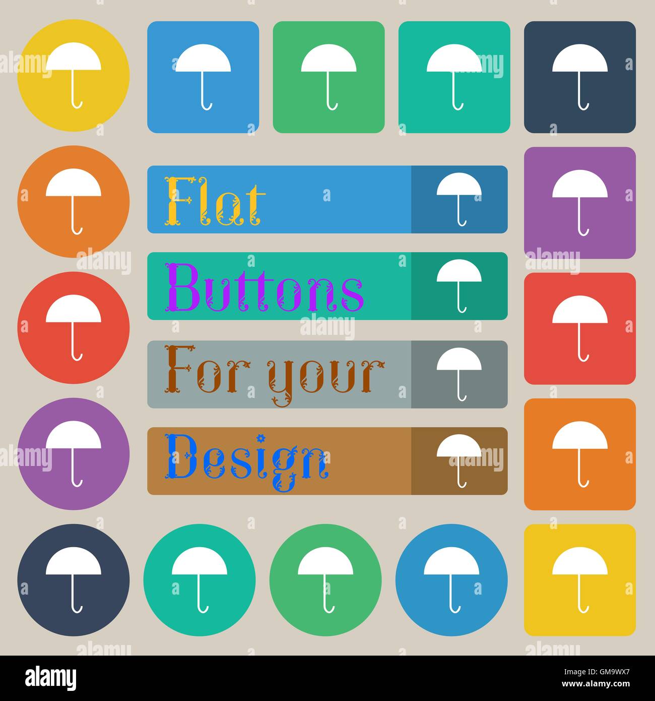 Umbrella sign icon. Rain protection symbol. Set of twenty colored flat, round, square and rectangular buttons. Vector Stock Vector