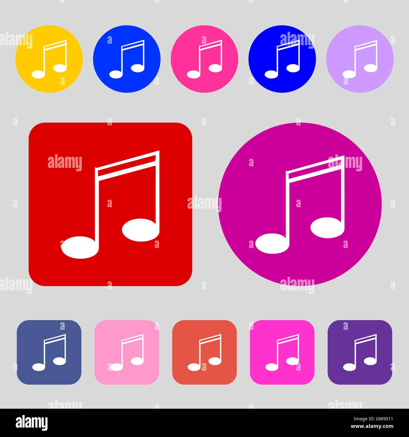 Music note sign icon. Musical symbol. 12 colored buttons. Flat design ...