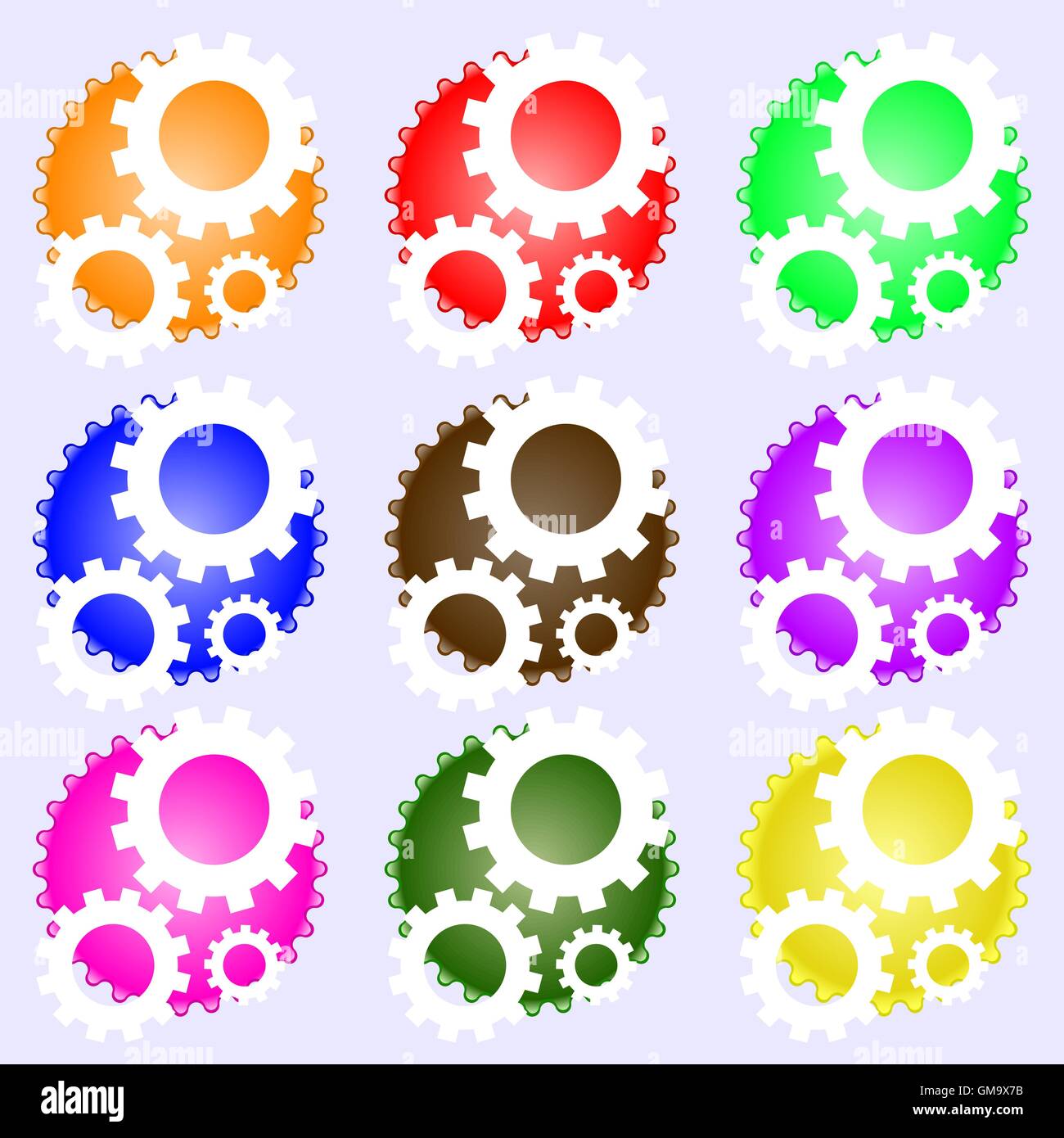 Cog settings sign icon. Cogwheel gear mechanism symbol. A set of nine different colored labels. Vector Stock Vector