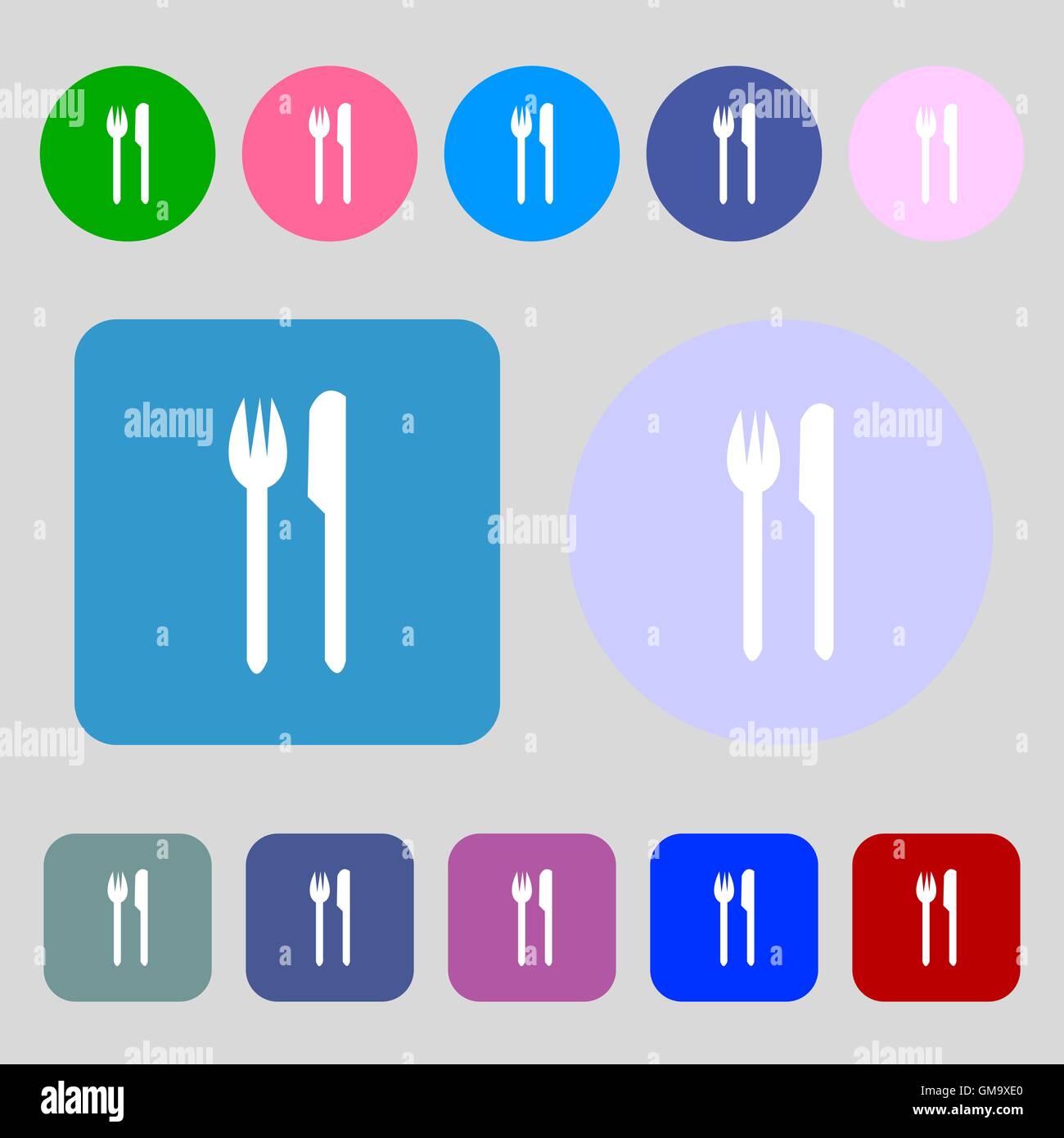 Eat sign icon. Cutlery symbol. Fork and knife. 12 colored buttons. Flat design. Vector Stock Vector