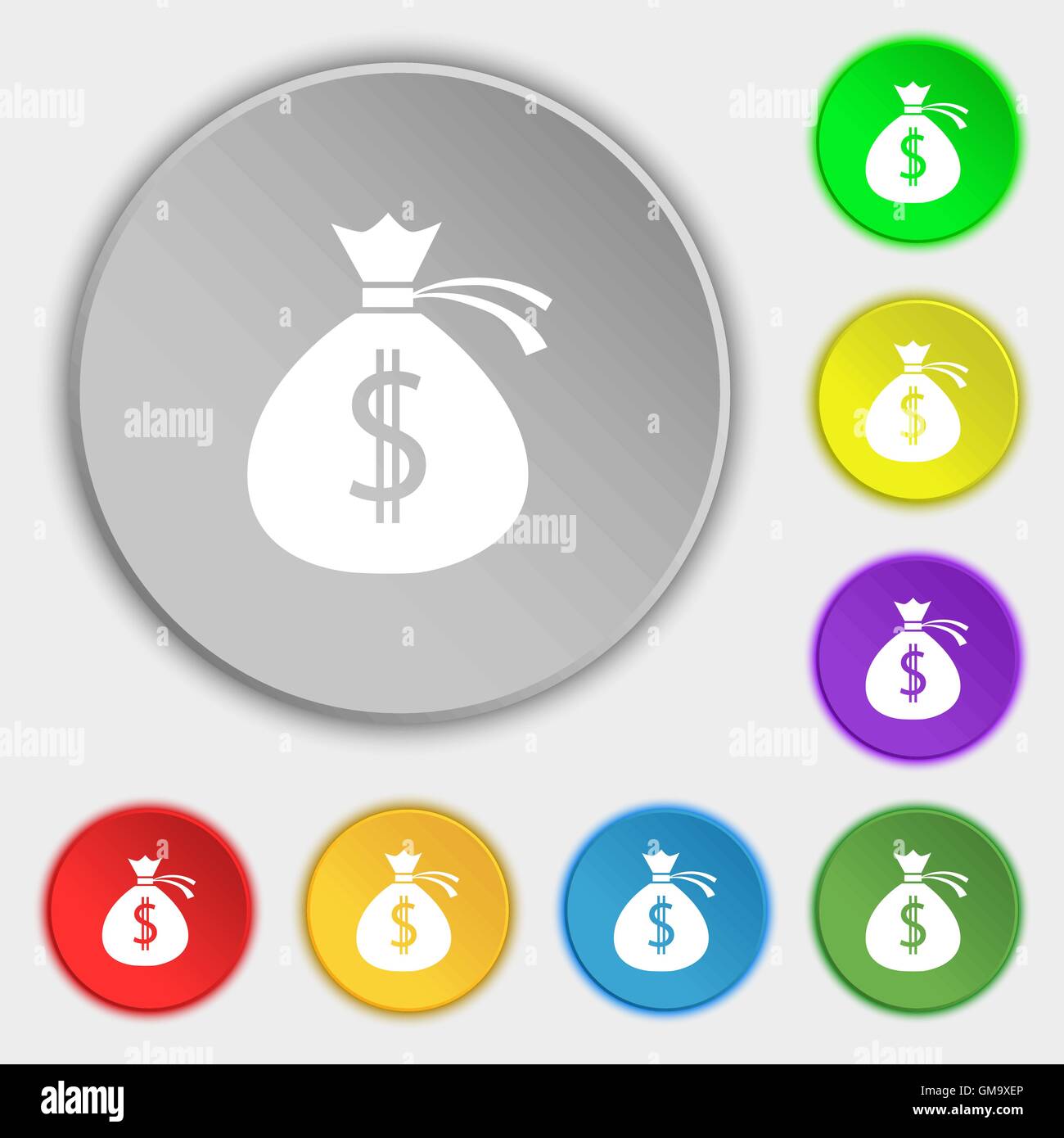 Money bag icon sign. Symbols on eight flat buttons. Vector Stock Vector