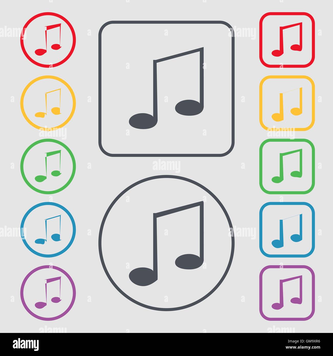 Music note sign icon. Musical symbol. Symbols on the Round and square