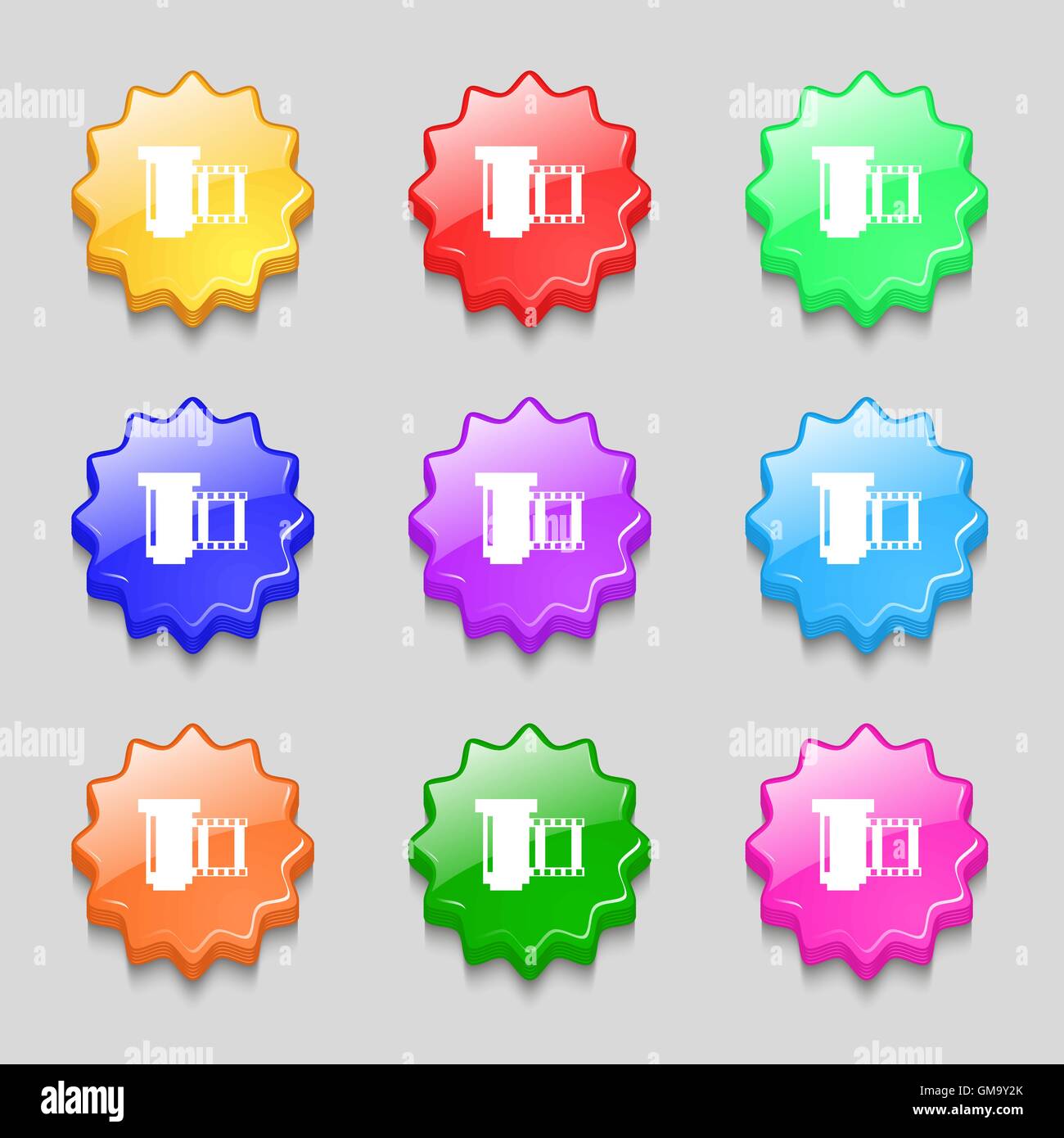 negative films icon symbol. Symbols on nine wavy colourful buttons. Vector Stock Vector