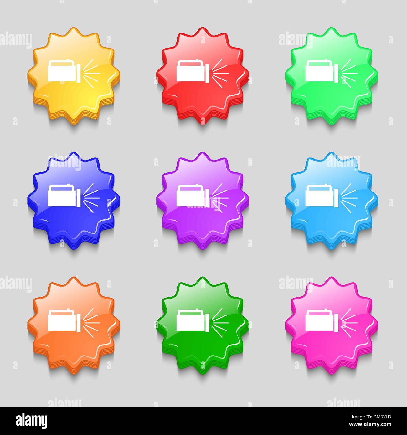 flashlight icon sign. Symbols on nine wavy colourful buttons. Vector ...