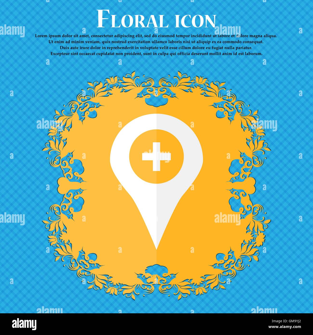 Plus Map pointer, GPS location . Floral flat design on a blue abstract background with place for your text. Vector Stock Vector