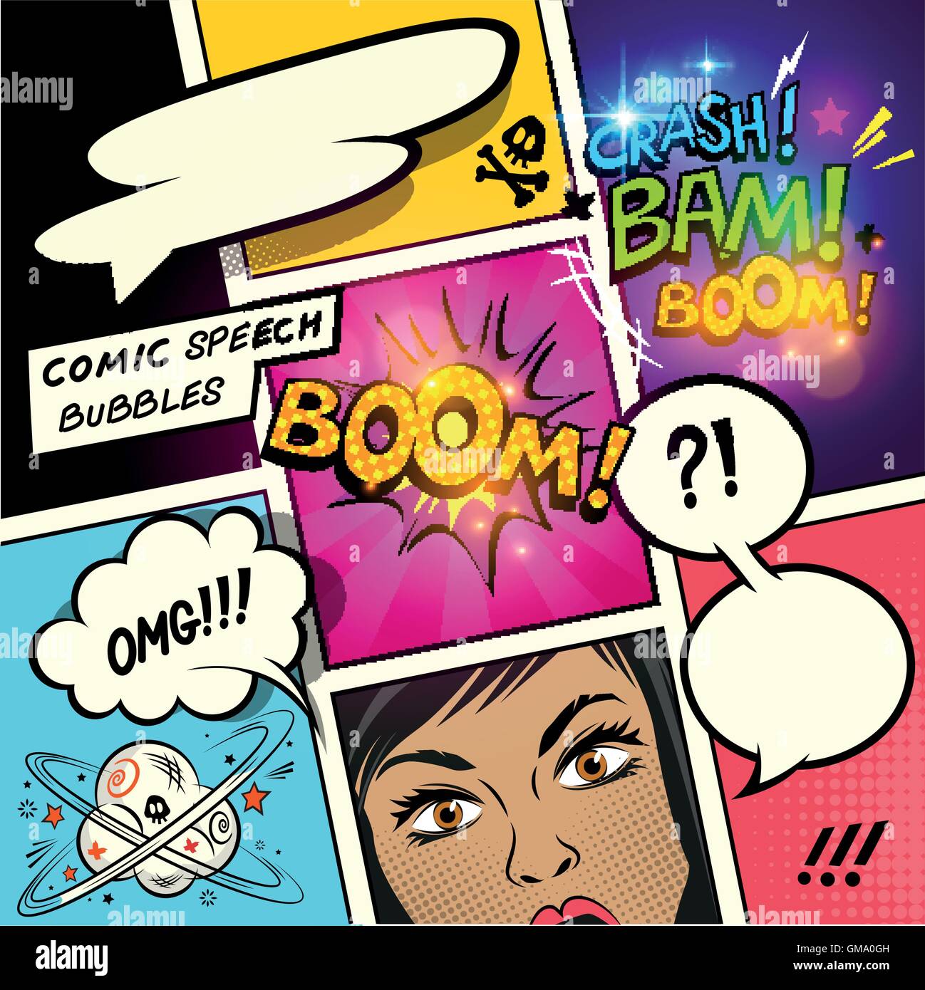 Speech Bubbles on a comic strip background with cartoon actions. vector illustration Stock Vector