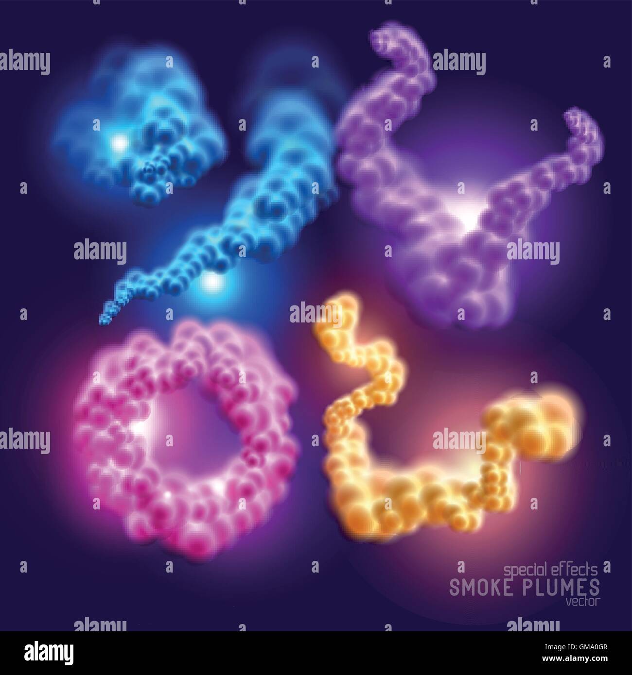 Fantastic colourful smoke rings, fluffy clouds and smoke plumes. Vector illustration. Stock Vector