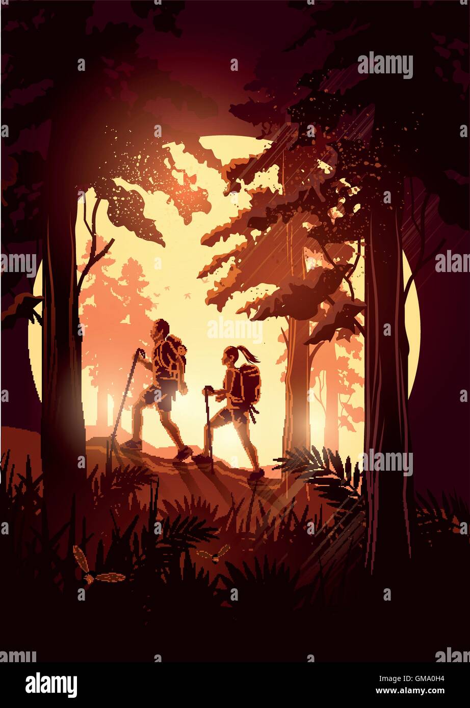 A couple of people with backpacks enjoy hiking through a scenic forest. Vector illustration Stock Vector