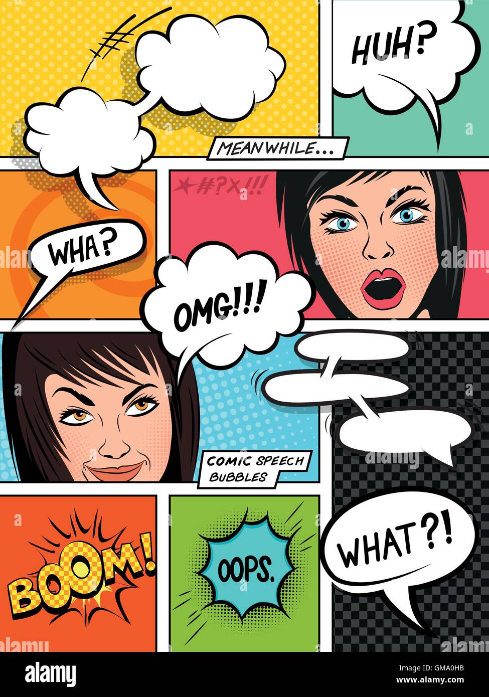 Comic Speech Bubbles on a comic strip background with expressions. vector illustration Stock Vector