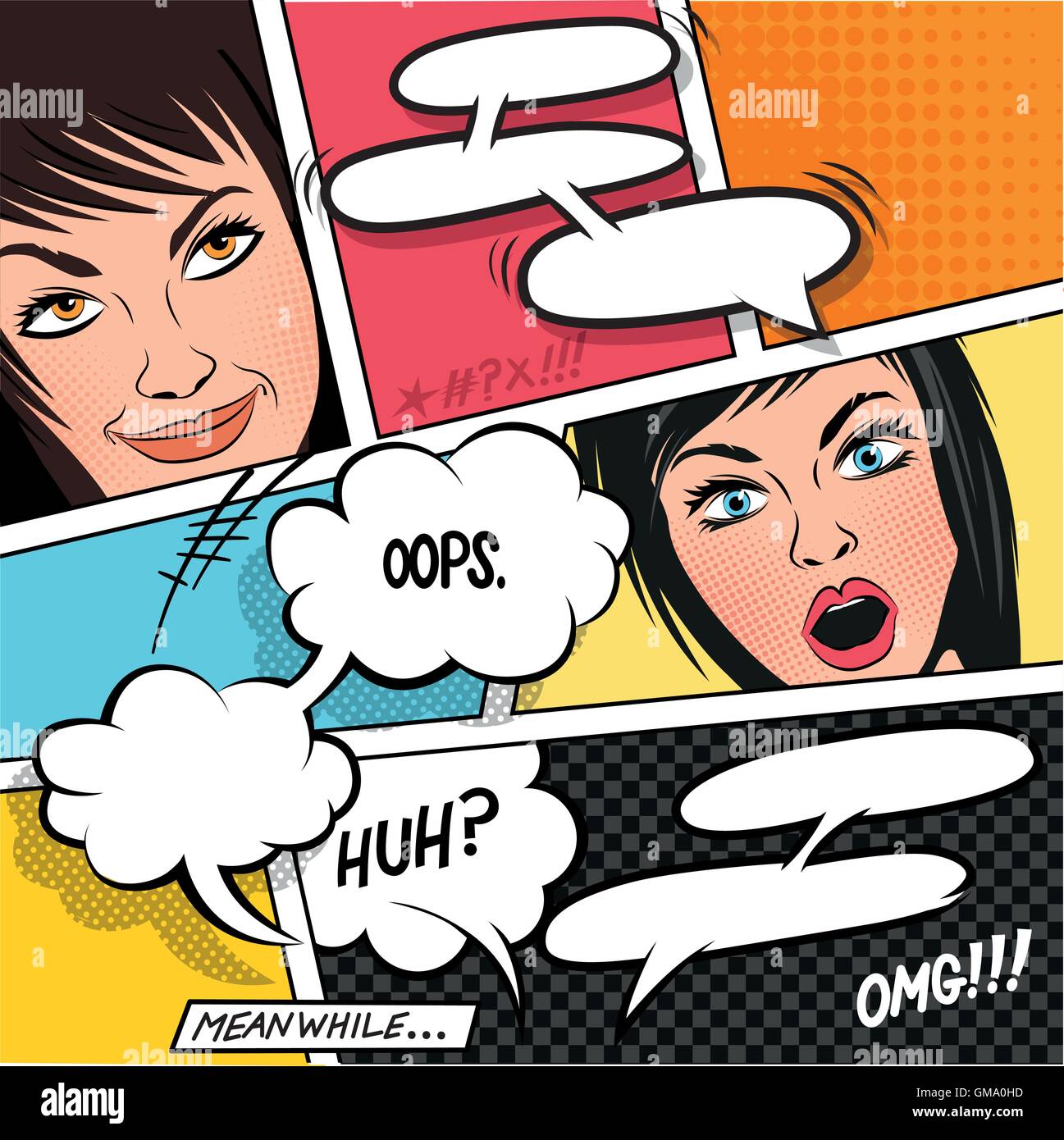 Comic Speech Bubbles on a comic strip background with women. vector illustration Stock Vector