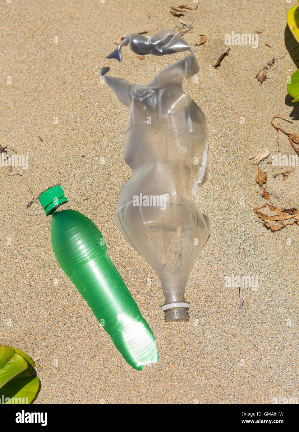 DOMINICAN REPUBLIC - Garbage on beach, plastic bottles and trash, near mouth of Yasica RIver. Stock Photo