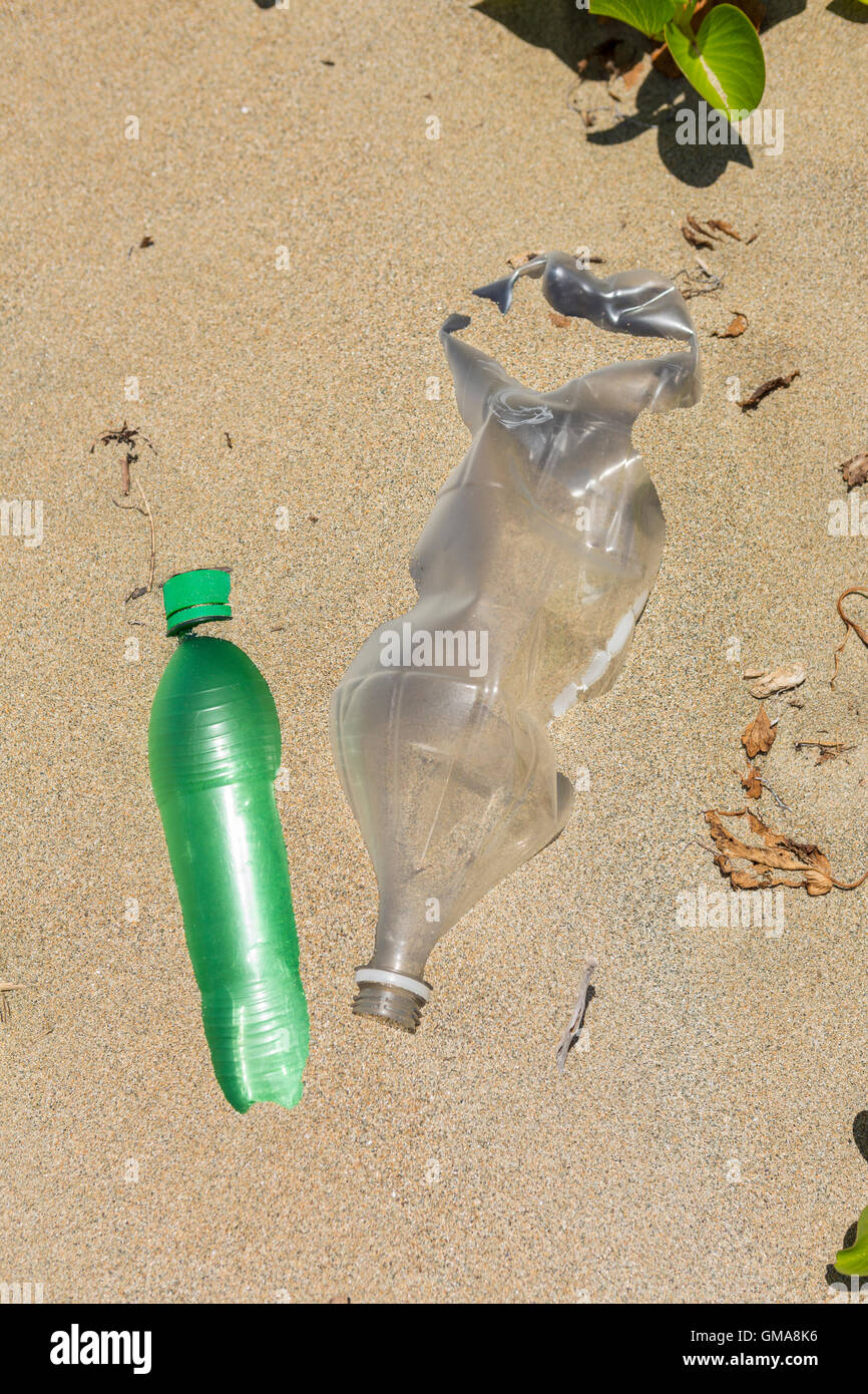 DOMINICAN REPUBLIC - Garbage on beach, plastic bottles and trash, near mouth of Yasica RIver. Stock Photo