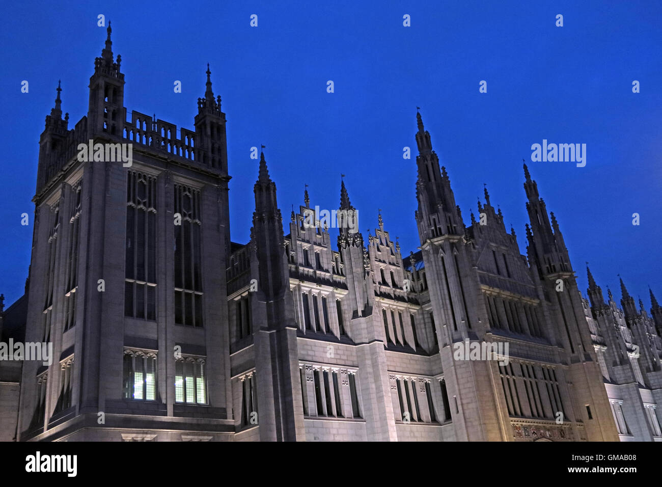 Marischal College granite building, Aberdeen City Council HQ, at dusk, Broad Street, Aberdeen, AB10 1AB Stock Photo