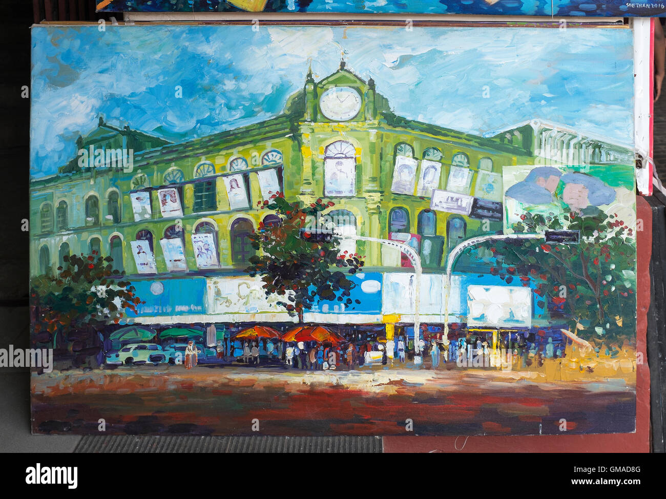 Art on Sale at Bogyoke Aung San Market Yangon Myanmar Stock Photo