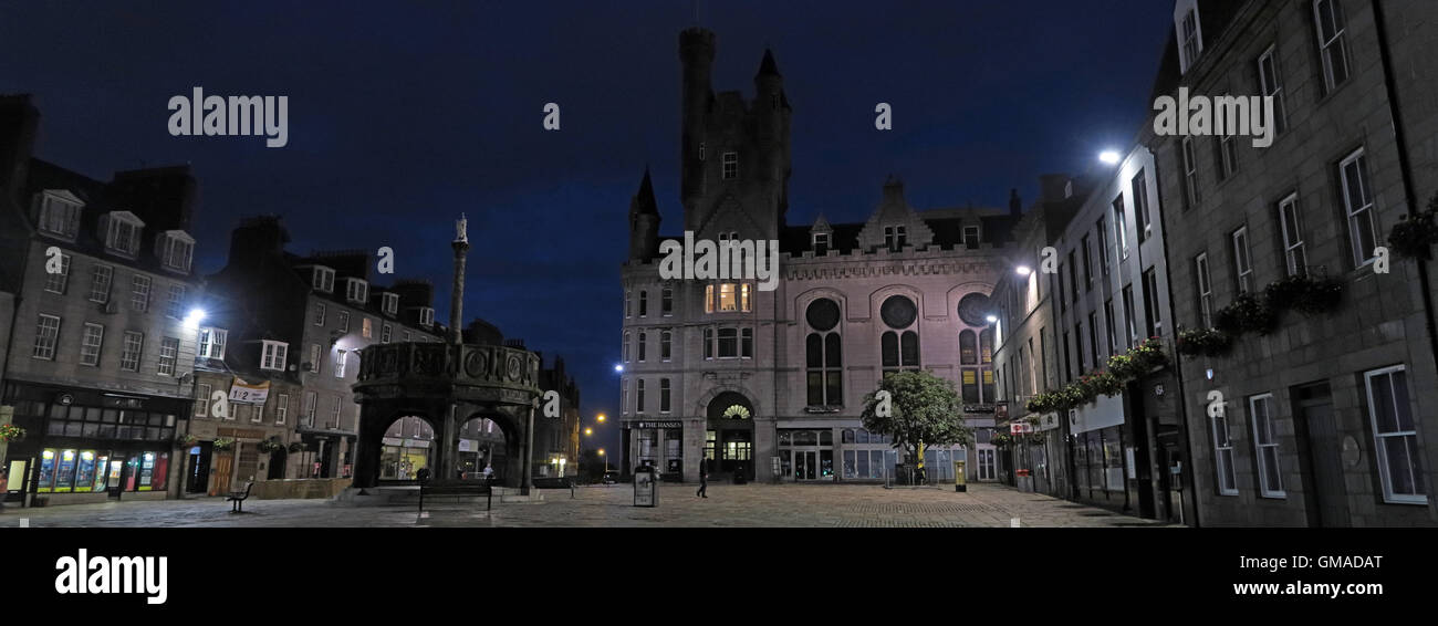 Castlegate, Mercat Cross Aberdeen City Centre, Scotland, at dusk - Panorama Stock Photo